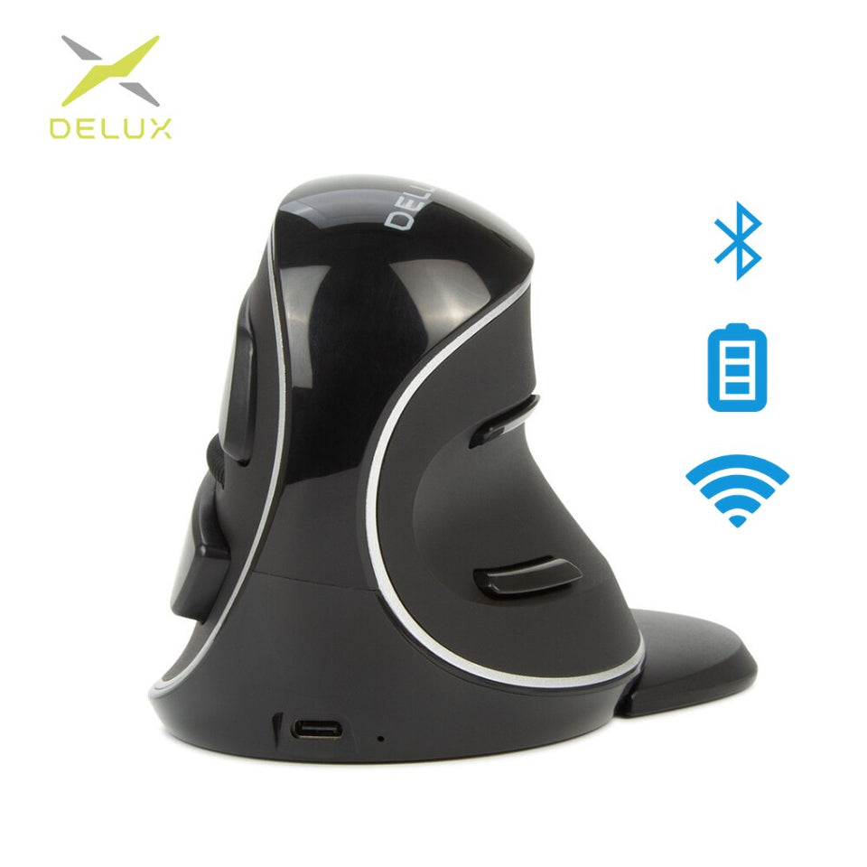 Delux - M618PD - Oplaadbaar - Draadloos (2,4ghz + 2X Bluetooth) - Anti-RSI / Muisarm - Ergonomisch - Grote handen - Verticale Muis - Gaming muis - instelbare knoppen - 800 tot 4000 DPI - Verwijderbare Polssteun - 5 Knoppen - Plug & Play - Rechtshandig